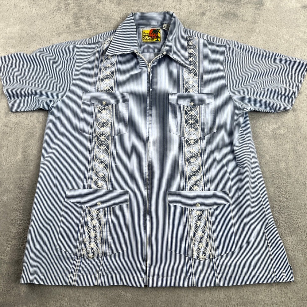 Haband Vintage Guayabera Zip Front Shirt M Blue Pinstripe Men Embroidered Cuban